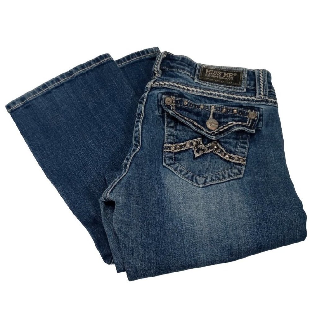 Miss Me Jeans Women's Size 27 Easy Boot Cut Buckle Stud Rhinestone Thick Stitch